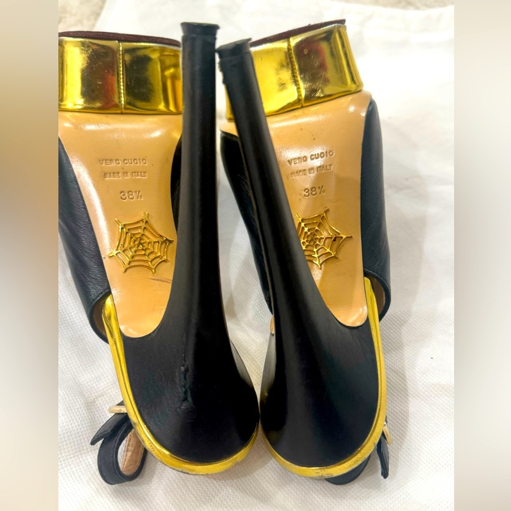 Black Leather DOLLY Gold Platform Slingback Pumps - Picture 9 of 11